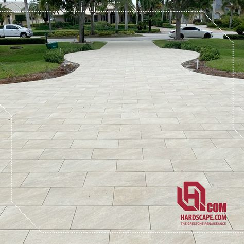 White Stone Driveway, Light Colored Pavers, Beige Driveway, Porcelain Driveway, Backyard Townhouse, Beige Pavers, White Driveway, Driveway Tiles, Driveway Pavers