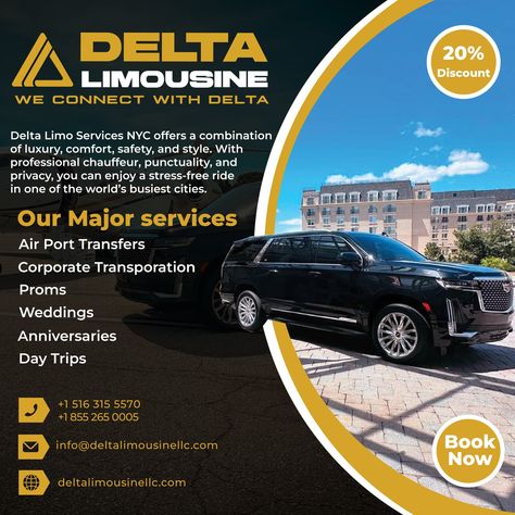 🎉 20% Less then others! 🎉 Experience seamless airport transfers with Delta Limousine. We provide reliable, stress-free transportation with skilled drivers and a top-notch fleet, ensuring your journey is safe and on time. Elevate your travel in NY, CT, and NJ 💯. Whether it’s for business, weddings, or a night out, our luxury vehicles and expert chauffeurs guarantee style and sophistication. Book now for the ultimate ride! 📞 Call: +1 212-557-5972 / +1 855 265 0005 🌐 Discover More: www.delta... Airport Pickup, Wedding Limo, Luxury Vehicles, Limo Service, Busy City, Limousin, Southampton, On Time, Day Trips