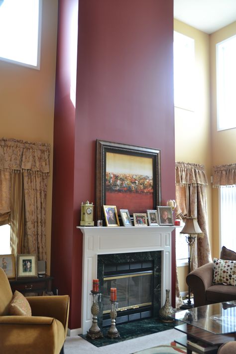 Burgundy Fireplace, Living Room Burgundy, Accent Fireplace, Bedroom Wallpaper Accent Wall, Fireplace Accent Walls, Red Accent Wall, Contemporary Fireplace Designs, Accent Wall Colors, Paint Fireplace