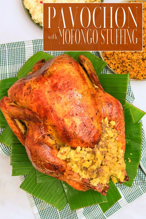 Pavochon is a turkey seasoned like a lechon and stuffed with a garlicky plantain mashed concoction. It's the tastiest Puerto Rican way to switch up your Thanksgiving dinner this year. #pavochon #roastturkey #lechon #PuertoRican #roast #Thanksgiving #holidayrecipe #holidaydinner #mofongo #mofongostuffing #platanos #plantains #chicharrones #porkrinds #comidacriolla #comidapuertorriqueña #PuertoRicanholidayrecipes #maincourse #dinner #recipesforturkey via @ediblesense Puerto Rican Stuffing Recipes, Puerto Rican Turkey Recipes, Pavochon Recipe, Puerto Rican Thanksgiving Side Dishes, Puerto Rican Turkey Stuffing Recipes, Dominican Turkey Recipe, Plantain Stuffing Recipe, Puerto Rican Stuffing, Puerto Rican Thanksgiving Dinner