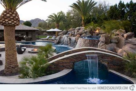 15 Relaxing and Dramatic Tropical Pool Designs | Home Design Lover Pools With Waterfalls, Pool Bridge, Water Cave, Backyard Bridges, Tropical Pool Landscaping, River Pool, Lazy River Pool, Amazing Pools, Luxury Boat