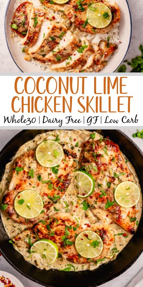 This Whole30 coconut lime chicken skillet is a gluten free, dairy free, and paleo chicken recipe that is made all in one pan! The creamy coconut sauce and chicken breasts are perfectly seasoned with lime, onion, cilantro and garlic. It all comes together in about 30 minutes, and is great for an easy Whole30 dinner that's family friendly, or a healthy meal prep recipe for lunches during the week. #coconutchicken #whole30chicken #whole30skillet #onepanmeal Paleo Chicken Breast, Creamy Coconut Sauce, Chicken Verde, Whole30 Dinner, Coconut Lime Chicken, Dairy Free Low Carb, Whole30 Chicken, Paleo Chicken Recipes, Chicken Skillet