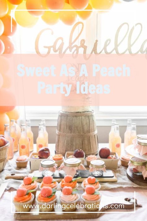 The prettiest Sweet As A Peach party ideas for a Peach themed Baby Shower, First Birthday Party or Sweet Sixteen Party. #sweetasapeach #sweetasapeachparty #sweetasapeachbabyshower #peachthemedparty Peach Themed Birthday Party Food, Peach Party Theme, Peach Party Ideas, Peach Themed Birthday Party, Tutti Fruitti Party, Peach Party Decorations, Fresh Peach Cobbler, Sweet Sixteen Party, Peach Jelly