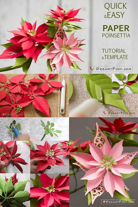 Paper Poinsettia template and step by step tutorial Poinsettia Crafts, Paper Poinsettia, Diy Fleur, Poinsettia Flower, Make Paper, Flower Template, Paper Flowers Diy, Wine Bottle Crafts, Easy Paper Crafts