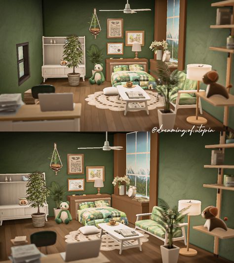 Acnh Green Room Ideas, Acnh Goldie House Interior, Acnh Green Bedroom, Acnh Room Design Ideas, Acnh Green Room, A Working Vacation Home Acnh, Acnh Vivian House, Acnh Attic Bedroom, Acnh Hhp Maggie