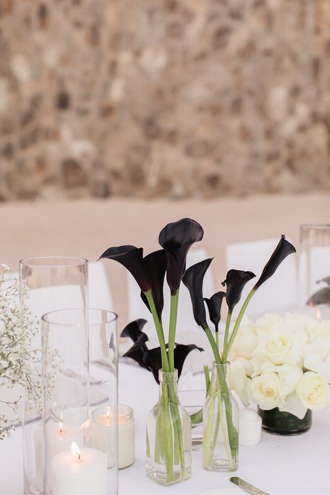 Black Wedding Flowers, Round Wedding Tables, Black And White Wedding Theme, Celebrity Bride, Modern Centerpieces, Cabo Wedding, Welcome Party, Dainty Rings, Cabo Weddings