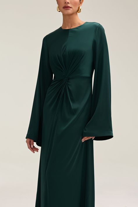 Duha Satin Twist Front Maxi Dress - Emerald - L / 56 Evening Gowns Modest, Modest Dresses Wedding Guest, Hijabi Wedding Guest Outfit, Satin Dress Hijab, Formal Fits, Queen Esther, Twist Dress, White Dress Formal, Dresses Flowy