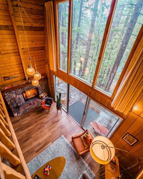 Big Bear Treehouse - Forest Backyard, Mid-Century - Cabins for Rent in Big Bear, California, United States Mid Century Cabin, Dark Drapes, Treehouse Point, Ikea Curtains, Linen Curtain, Open Living Room, Big Windows, Beautiful Curtains, Cabin In The Woods