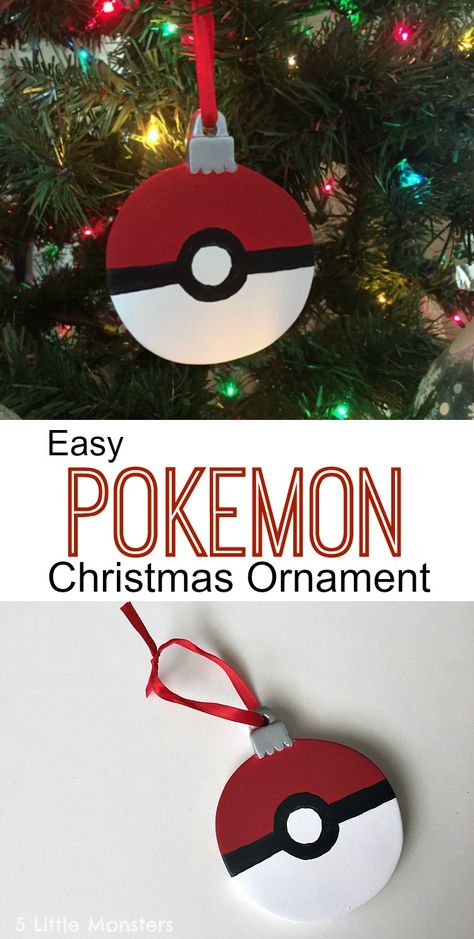 Quick and easy DIY Pokemon Pokeball Christmas Ornament made with a round unfinished ornament from the craft store and a little acrylic paint Nerdy Christmas Ornaments, Pokemon Christmas Ornaments, Pokémon Christmas, Pokemon Ornaments, Christmas Pokemon, Diy Pokemon, Nerdy Christmas, Pokemon Christmas, Pikachu Cake