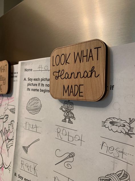 Look What I Made Fridge Magnets - Refrigerator Magnets - Engraved Magnets - Custom Wood Magnets by BirchandBelle on Etsy Cricut Projects You Can Sell, Top Selling Glowforge Items, Custom Wood Decor, Cricut Wood Engraving Projects, Engraving Diy Ideas, Engraved Wooden Gifts, Wood Burned Magnets, Wooden Laser Crafts, Custom Laser Engraving