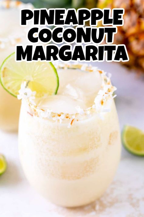 This Pineapple Coconut Margarita is a tropical twist on a classic cocktail. It’s fruity, tart, and tangy, sweetened to your tastes, and finished with a delicious toasted coconut rim. Boozy Drinks | Fancy Drinks | Summer Drinks | Summer Cocktails | Cocktail Drinks | Cocktail Recipes | Summer Cocktails | Coconut Margarita | Margarita Recipe | Pineapple Margarita | Tequila Drink | Tequila Coconut Cocktails, Blender Margarita Recipes, Easy Margaritas, Pineapple Coconut Margarita, Coconut Margarita Recipe, Summer Rum Drinks, Mimosa Party, Mexican Drink Recipes, Refreshing Drinks Alcohol