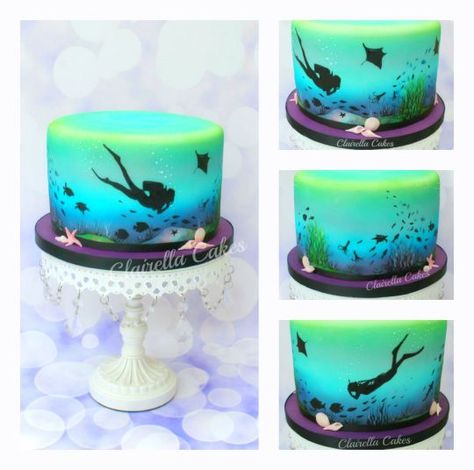 Scuba Diving Cake                                                                                                                                                      More Scuba Diving Cake, Scuba Cake, Diving Cake, Bakery Inspiration, Airbrush Cake, Beach Themed Cakes, Ocean Cakes, Silhouette Cake, Sea Cakes