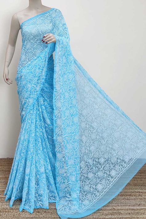 Blue Colour Georgette Lucknowi Chikankari Tepchi Saree (with Blouse) MC253001 Chikankari Saree, Drape Sarees, Lucknowi Chikankari, Saree With Blouse, Blue Colour, Sarees Online, Blouses, Saree, Blue Color