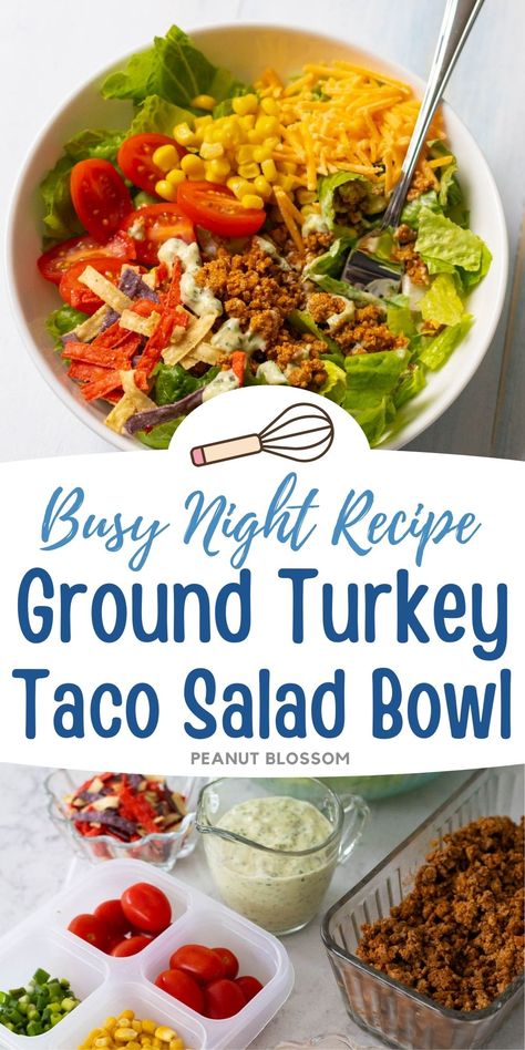 This ground turkey taco salad bowl is loaded with fresh veggies for flavor and texture. Top it with Catalina dressing or my favorite cilantro lime ranch dressing for an easy DIY meal prep kit for the fridge. Diy Meal Prep, Ground Turkey Taco Meat, Ground Turkey Taco Salad, Cilantro Lime Ranch, Cilantro Lime Ranch Dressing, Guy Food, Catalina Dressing, Meal Train, Turkey Taco Salad