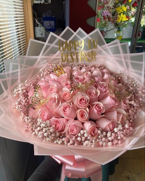 Ramo Flowers For Quince, Pink Roses Bouquet Gift Birthday, Ramo Flower Bouquet, Birthday Flower Arrangements Gift Ideas, Fake Bouquet Of Flowers, 20 Roses Bouquet, Glitter Flower Bouquet, 25 Roses Bouquet, Birthday Roses Bouquet