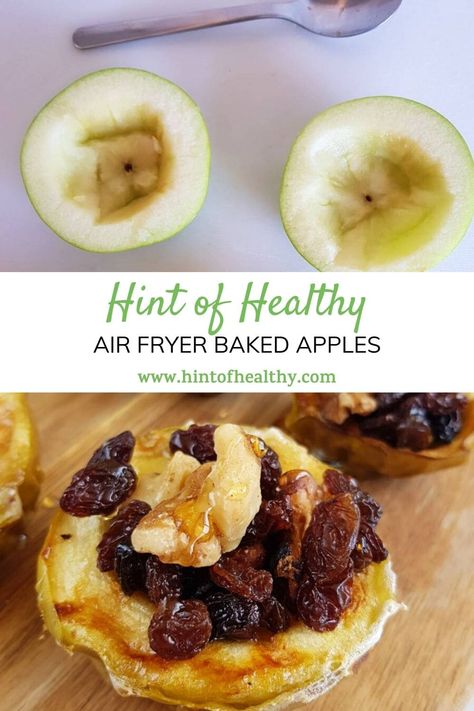 These healthy and easy air fryer baked apples are the perfect roasted apples with honey, raisins and walnuts. I like to use Granny Smiths, but any fresh apples will work. A delicious and lean dessert, breakfast or snack you can make in absolutely no time. Really simple recipe, and a great way to use up a surplus of apples. Paleo Baked Apples, Air Fryer Baked Apples, Granny Smith Apples Recipes, Easy Baked Apples, Apple Recipes Healthy, Healthy Air Fryer, Apple Breakfast, Roasted Apples, Dessert Breakfast