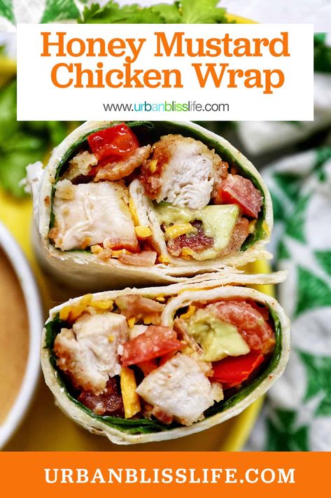 This Honey Mustard Chicken Wrap recipe is perfect for a portable and satisfying lunch or dinner on-the-go. Get the easy recipe at UrbanBlissLife.com. Lunch Wraps Make Ahead, Honey Mustard Chicken Sandwich, Honey Mustard Chicken Wrap, Honey Mustard Turkey, Chicken Wrap Recipe, Grilled Chicken Wraps, Bbq Chicken Wraps, Turkey Bacon Wrap, Honey Mustard Recipes