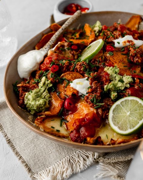 Loaded Lamb Sweet Potato Nachos Sweet Potatoes Dinner, Sweet Potato Pomegranate, Lamb Sweet Potato, Pomegranate Bowl, Sweet Potato Dinner, Potato Nachos, Sweet Potato Nachos, Healthy Gourmet, Meat Delivery