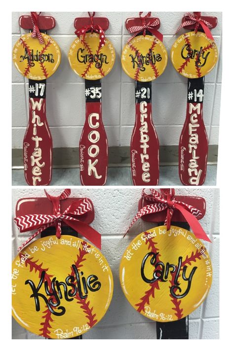 Softball Signs Wooden, Baseball Softball Door Hanger, Softball Team Gifts Easy Diy, Dugout Decorations Softball, Softball Fence Hanger, Softball Door Decorations For Hotel, Softball Wood Crafts, Softball Decorations For Lockers, Softball Door Hangers For Hotel