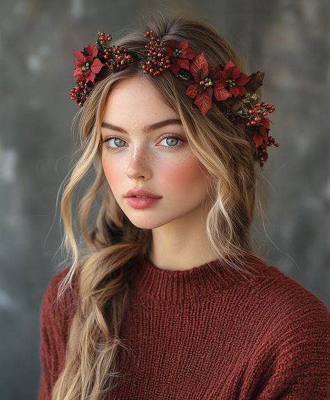 christmas hair Christmas Flower Crown, Girl With Flower Crown, 4b Curls, Christmas Fashion Photography, Diy Christmas Angel Ornaments, Hair Pick, Christmas Events, Christmas Hairstyles, Hair Shine