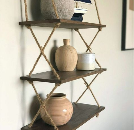 Hanging Wood Shelves, Hanging Rope Shelves, Macrame Shelf, Diy Hanging Shelves, Dekor Diy, Rope Shelves, Shelf Design, Hanging Shelves, Diy Shelves