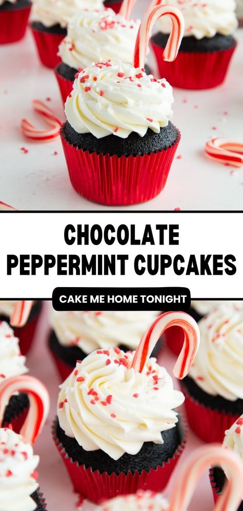 Dark chocolate cupcakes, peppermint buttercream frosting, and peppermint sprinkles. Easy Christmas cupcake recipe. Peppermint Hot Chocolate Cupcakes, Peppermint Chocolate Cupcakes, Peppermint Chocolate Muffins, Holiday Themed Cupcakes, Peppermint Cupcakes Christmas, Holiday Cupcake Recipes, Christmas Flavor Cupcakes, Simple Christmas Cupcakes, Christmas Cupcakes Easy