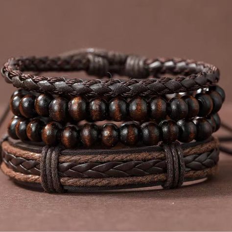 Choose Either Brown Or Black, Set Of 4 Leather And Wood Adjustable Bracelets. Brown Jewelry, Wooden Bracelet, Wood Bracelet, Stylish Bracelet, Braided Leather Bracelet, Mens Leather Bracelet, Mens Beaded Bracelets, Stackable Bracelets, Mens Accessories Jewelry