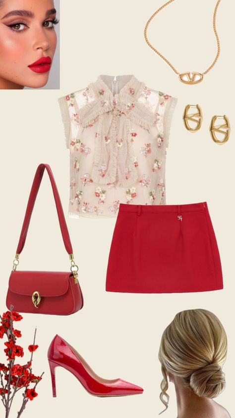 #outfitinspo #red #miniskirtoutfit #feminine #fashion #styleinspo #datenight #girlsnight #party #goingout Red Date Night Outfit, Birthday Moodboard, Fashion Trend Board, Red Outfits, Feminine Outfits, Elegant Clothes, Fashion School, Feminine Fashion, Over 50 Womens Fashion