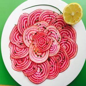 Chioggia Beet Carpaccio | Food as Medicine | The Culinary Cure™ Chioggia Beets Recipes, Vegetable Carpaccio, Candy Cane Beets, Misfit Market, Beet Carpaccio, Chioggia Beets, Food As Medicine, Decadent Food, Csa Recipes