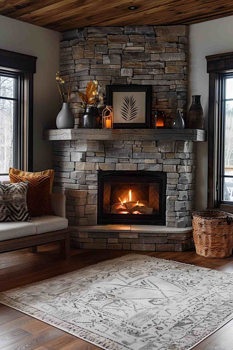 40 Corner Fireplace Ideas to Style Your Living Room Raised Ranch Fireplace Living Rooms, Basement Corner Fireplace Ideas, Corner Wood Burner Fireplace Ideas, How To Build Corner Fireplace Tv Wall, Custom Corner Fireplace, Pellet Stove Ideas Living Rooms With Tv, Corner Tile Fireplace, Mountain Home Living Room Ideas, Deer Mount Over Fireplace