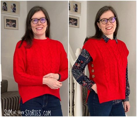 Diy Sweater Vest From Sweater, Repurpose Sweaters Ideas, Upcycle Vest, Sweater Repurpose, Diy Sweater Refashion, Refashion Sweater, Clothing Makeovers, Sweater Upcycle, Diy Sweater