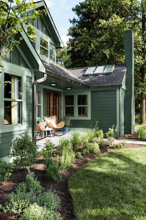 The living room with chimney is just one of the spaces in HGTV Urban Oasis 2021 with advanced solar powered “fresh air” skylights that bring natural light and cool breezes inside the home. Tour Pictures, Green Exterior, Lush Lawn, Lake House Plans, Craftsman Bungalows, Urban Oasis, Room Pictures, Dark Forest Green, Front Yard Landscaping Design