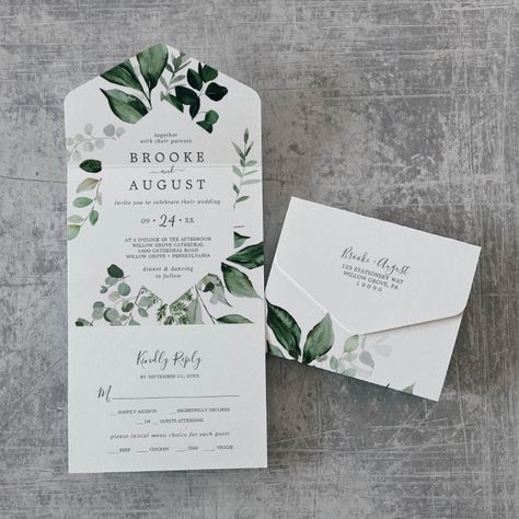 Emerald Greenery Wedding All In One Invitation Folded Invitation, Popular Wedding Invitations, Wedding Woodland, Boho Wedding Invitations, Classy Wedding Invitations, Wedding Autumn, Stamp Wedding, Rustic Boho Wedding, Budget Wedding Invitations