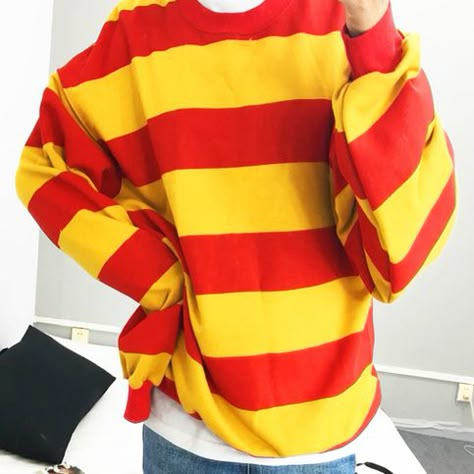 Striped Shirt Aesthetic, Red And Yellow Outfit, Clowncore Outfit, Yellow Striped Shirt, Silly Clothes, Snk Cosplay, Shirt Aesthetic, Kawaii Shop, Yellow Sweater