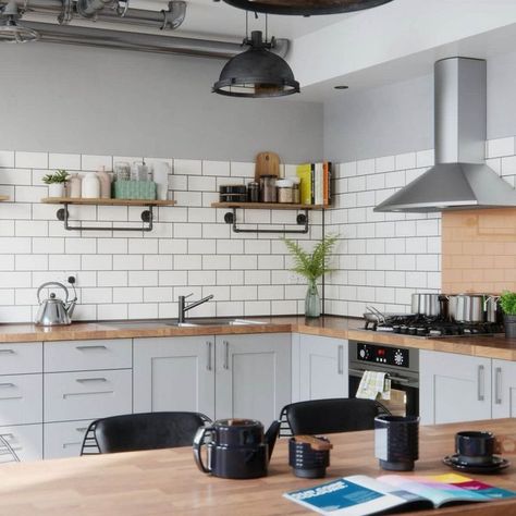 White Brick Tiles Kitchen, Stables Conversion, Brick Tiles Kitchen, Metro Tiles Kitchen, Charcoal Grout, White Brick Tiles, Relax Room, White Bricks, Metro White