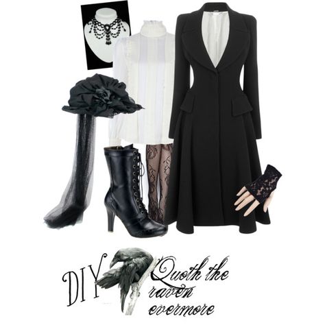 "Quoth the Raven" costume by kathleen-mower on Polyvore Edgar Allen Poe Outfit, Poe The Raven, Raven Costume, Modest Mom, Mystery Dinner Party, Annabel Lee, Quoth The Raven, Edgar Allen, Food Costumes