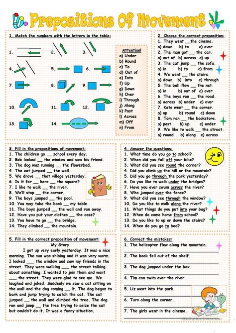 Prepositions of movement - English ESL Worksheets for distance learning and physical classrooms Teaching Prepositions, Preposition Worksheets, English Prepositions, English Ideas, Prepositional Phrases, English Teaching Materials, German Grammar, English Exercises, Teaching English Grammar