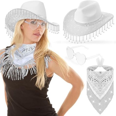 Glitter Cowgirl Hat, Hat With Glasses, Glitter Cowgirl, Rhinestone Cowboy Hat, Bandana Crafts, Rhinestone Cowboy, Cowboy Costume, Styled Desktop, Cowgirl Costume