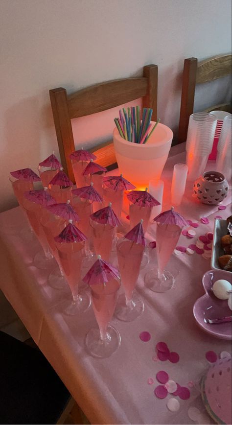 Pink Themed Hotel Party, Sweet 16 At Home Party Ideas Pink, Pink Themed Drinks, Sweet 16 2000s, 16 Birthday Ideas Activities, Sweet 16 Drink Ideas, Pink Birthday Activities, Pink 15th Birthday Party, Pink Birthday Asthetics