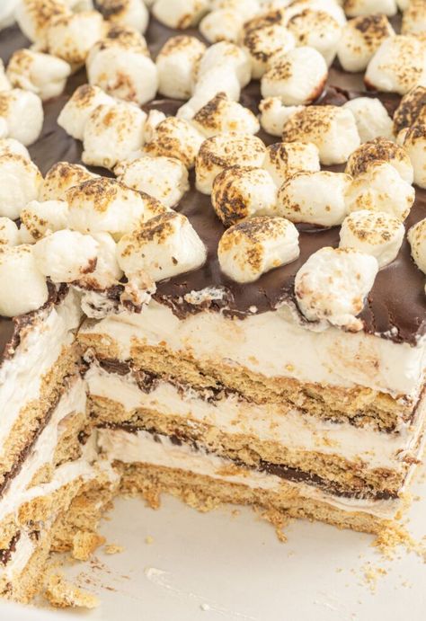 No bake icebox cake with s'mores ingredients. No Bake Ice Box Cake Recipes, Smores Icebox Cake, Ice Box Cake, Ice Box Cake Recipes Graham Crackers, S’mores Sheet Cake, S’mores Cake Recipe, Ice Box Fruit Cake Graham Crackers, S’mores Ice Box Cake, Happy Family Recipe