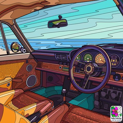 Share Picture Retro Car Aesthetic, Interior Illustration Art, Editorial Illustration Magazine, Metal Sheet Design, Car Animation, Cars Interior, Film Posters Art, Road Trip Car, Cool Car Drawings