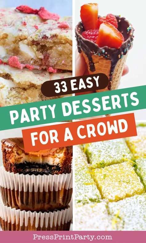 Easy Party Desserts Finger Foods - Delight your guests with easy-to-make party desserts that are perfect as finger foods. These bite-sized treats are ideal for any gathering, from birthdays to holiday celebrations, and ensure everyone can enjoy a sweet taste without the fuss. Discover simple recipes and creative ideas that make party hosting a breeze and keep everyone coming back for more. Make your party unforgettable with these crowd-pleasing desserts! by Press Print Party! Sweet Party Food Ideas, Party Dessert Ideas For A Crowd, Treats For A Group, Party Snacks Dessert, Dollar Store Desserts, Easy Group Desserts Simple, Treats To Bring To A Party, Easy Sweet Appetizers For A Party, Cheap Party Snacks For A Crowd