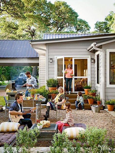 backyard | better homes & gardens Patio Edging, Pea Gravel Patio, Cottage Makeover, Concrete Patios, Gravel Patio, Pergola Design, Pea Gravel, Chaise Lounges, Outdoor Entertaining Area