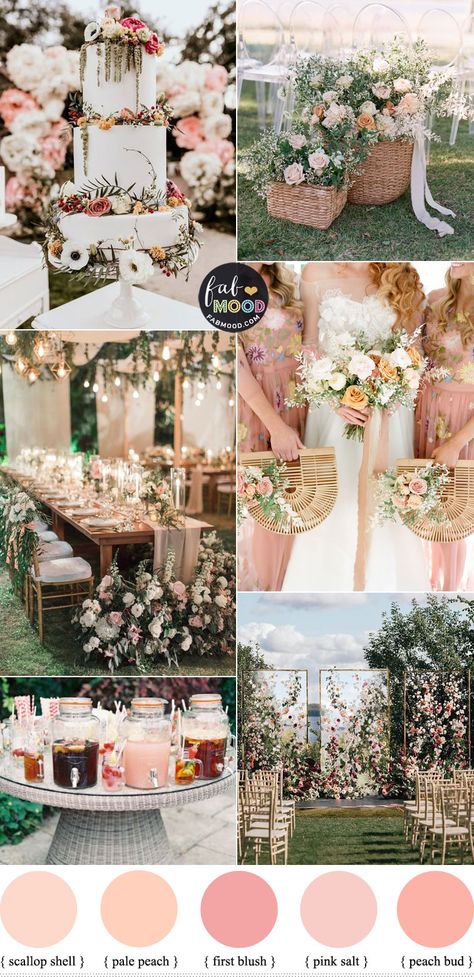 spring wedding, garden wedding idea, garden wedding color, pink and peach garden wedding Peach And Grey Wedding Theme, Wedding Ideas Colour Schemes, Sage Green And Blush Pink Wedding Colour Palettes, Wedding Themes Peach, Garden Wedding Colours, Pink And Green Spring Wedding, Pink Wedding Palette Colour Schemes, Blush Pink And Sage Green Wedding Ideas, Soft Wedding Palette