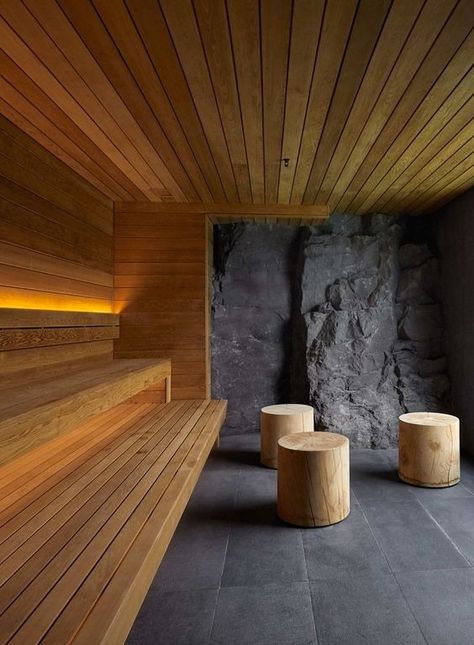 Wood and Rock Sauna Modern Saunas, Wood Sauna, Home Spa Room, Sauna House, Sauna Diy, Spa Interior Design, Sauna Steam Room, The Blue Lagoon, Sauna Design