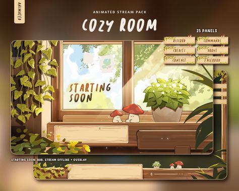 Cozy Room | Animated Stream Overlay Pack Cottage core, comfort streaming inspired stream overlay pack. Tested in StreamLabs & OBS. *Please extract .RAR file (you can do so with WinRAR) to access the overlay files* Includes: - 3x Animated & Static Scenes: Starting Soon, Be Right Back & Stream Offline. - 1x Animated & Static Overlay - 1x Tag Component - 25x Panels (Refer to thumbnail image to see what is included) Room Ideas Aesthetic Drawing, Cozy Stream Overlay, Stream Starting Soon Template, Stream Overlay Ideas, Obs Overlay, Cute Stream Overlay, Stream Overlay Design, Static Overlay, Stream Layout