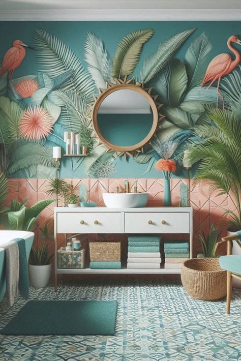 Transform your bathroom into a tropical getaway with vibrant teal and playful coral accents. Vacation vibes all year round. #TropicalBathroom #TealAndCoral Tropical Bathroom, Bohemian Bathroom, Coral Accents, Bathroom Color Schemes, Split Level House, Bathroom Color, Vacation Vibes, Tropical Getaways, Split Level