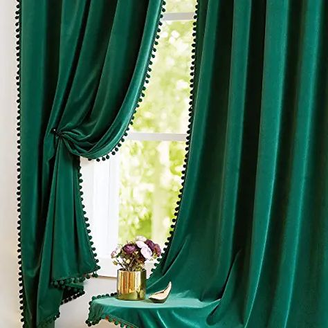 Dark Green Drapes, Emerald Green Curtains, Pom Pom Curtains, Country Style Curtains, Long Living Room, Green Drapes, Window Curtains Bedroom, Dark Panels, Bedroom Drapes