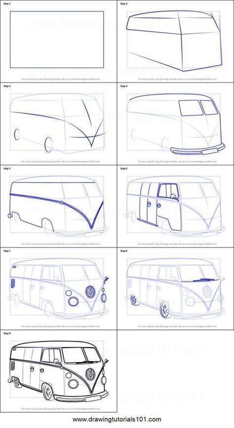 Volkswagen Bus Art, Van Drawing, Car Drawing Pencil, Bus Art, Vw Art, Perspective Drawing Lessons, Drawing Sheet, 강아지 그림, Perspective Art