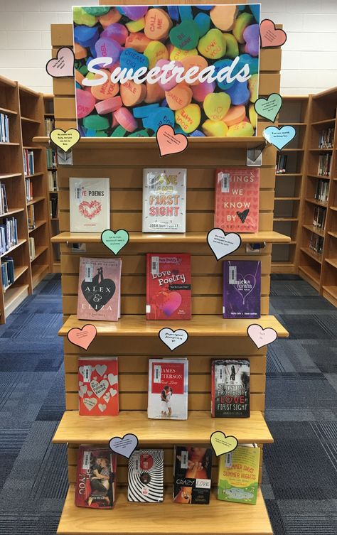 Library Display Board Ideas, Creative Book Display Ideas, Library Shelf Display Ideas, Library Shelfie Day, Romance Library Book Displays, Alice In Wonderland Library Display, New Year Library Display, Staff Picks Library Display, Valentines Book Display